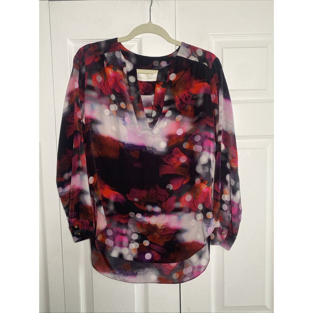 Amanda Uprichard Silk Blouse Womens Size S Pink Red Abstract Floral V-Neck Top‎